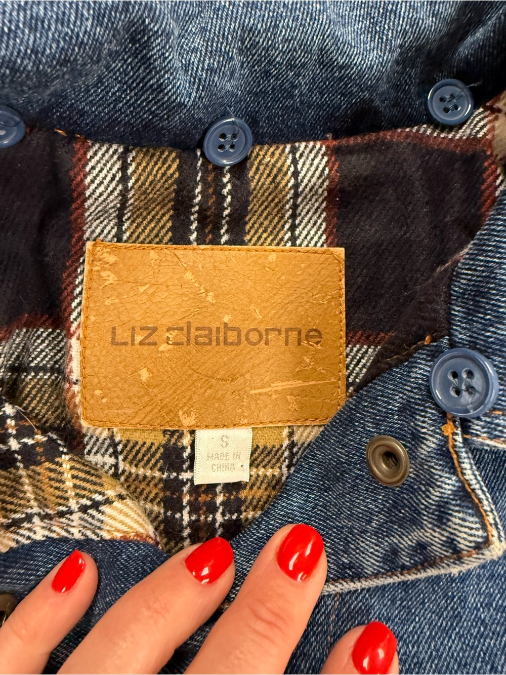 Vintage Liz Claiborne Plaid Lined Blue Denim Barn Jacket Chore Coat Empire S - Picture 2 of 8